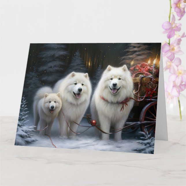 Samojed Snöig Släd Jul Dekoration Kort (Orkide)