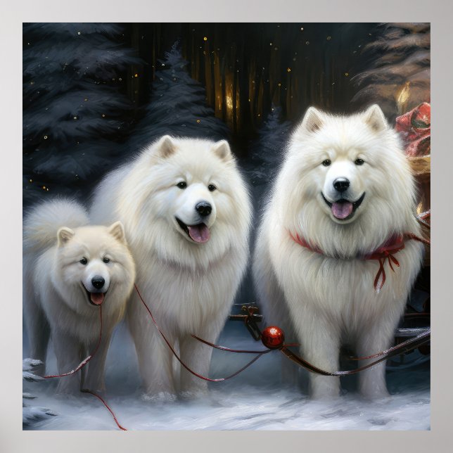 Samojed Snöig Släd Jul Dekoration Poster (Framsidan)