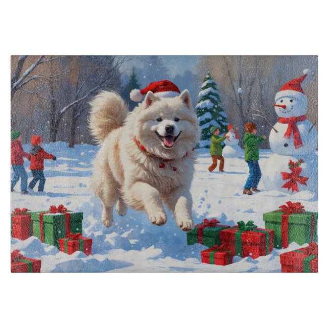 Samojed springar i snö med julhatt (Framsidan)