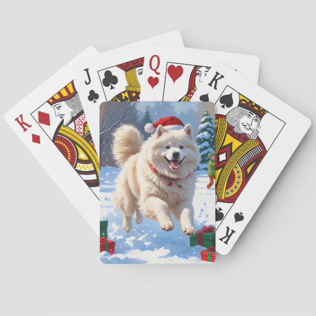 Samojed springar i snö med julhatt casinokort (Baksidan)