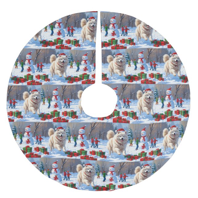 Samojed springar i snö med julhatt julgransmatta borstad polyester (Framsidan)