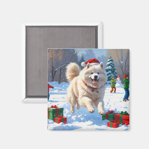Samojed springar i snö med julhatt magnet