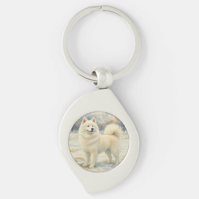 Samojed Swirl Silverfärgad Nyckelring (Framsidan)