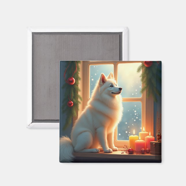 Samojed under julgranskransen julmålning magnet (Front/Back)