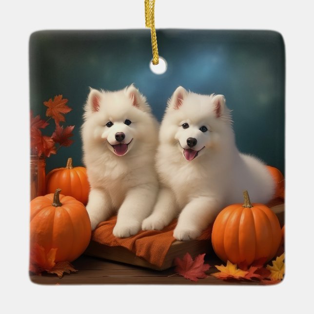 Samojed Valp Höstglädje Pumpa Julgransprydnad Keramik (Framsida)