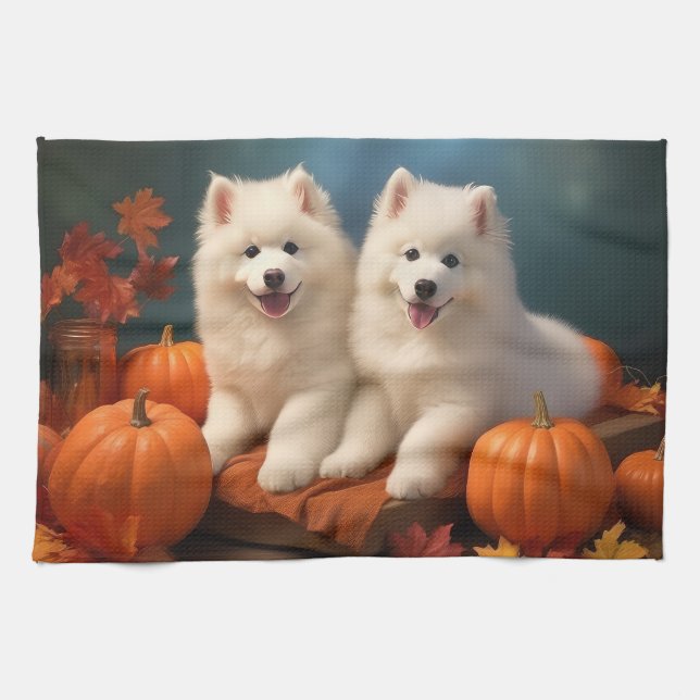 Samojed Valp Höstglädje Pumpa Kökshandduk (Horisontell)