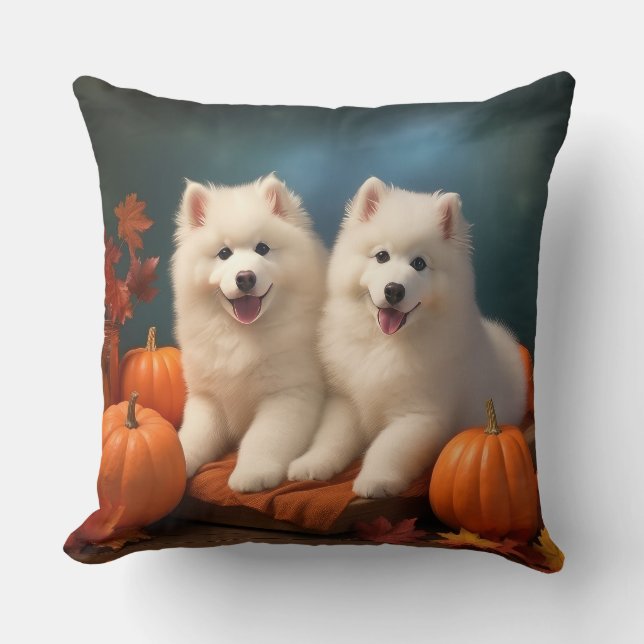 Samojed-valp Höstglädje Pumpa  Kudde (Framsida)