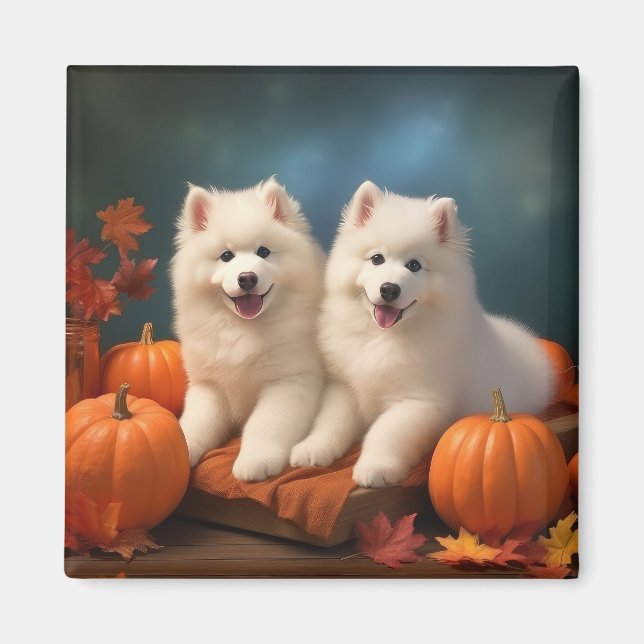 Samojed-valp Höstglädje Pumpa  Magnet (Framsidan)