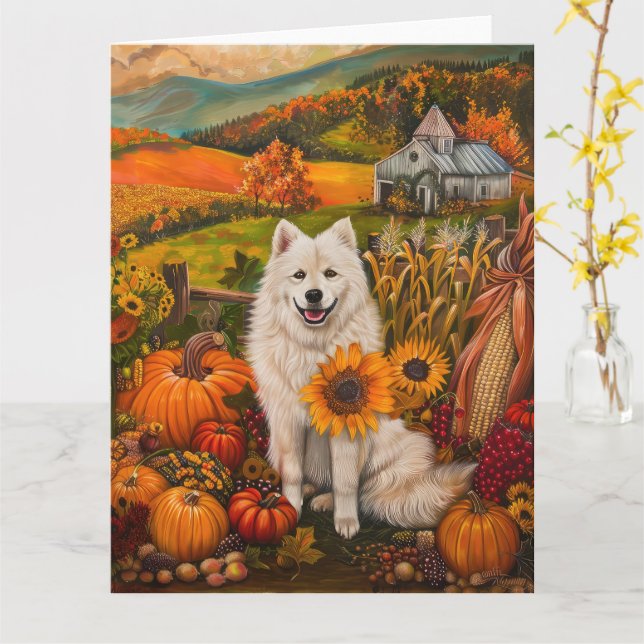 Samojedhund Höstskörd Tacksägelse Kort (Gul blomma)