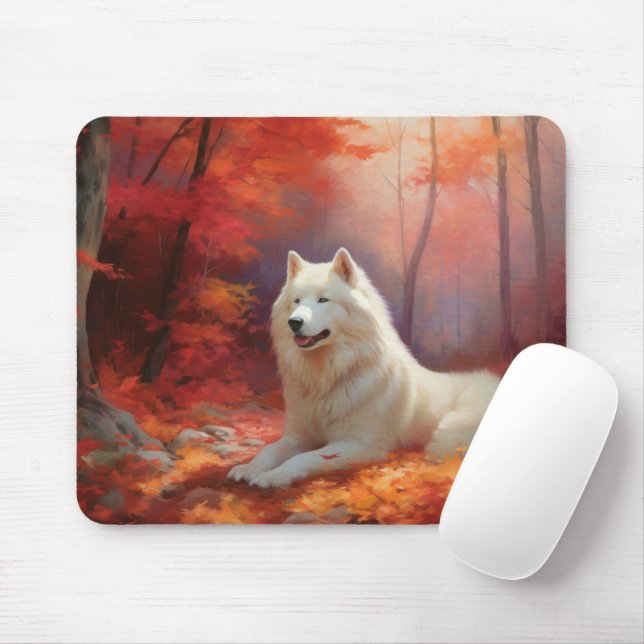 Samojedhund i höstlöv Fall Inspire Musmatta (Med mus)