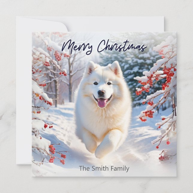 Samojedhund i snö God Jul Högtidskort Julkort (Framsida)