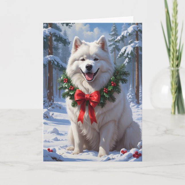 Samojedhund i snö med höstkrans Vinterkonst Kort (Framsida)