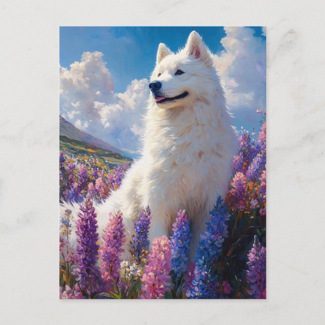 Samojedhund Lila Lupinblommor Vykort (Framsida)