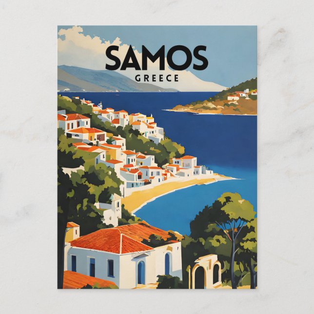 Samos Greece Retro Travel Poster Vykort (Framsida)