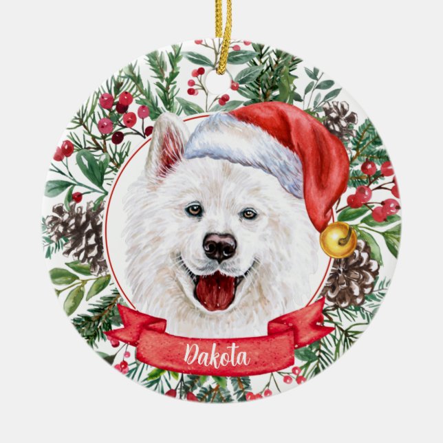 Samoyed Anpassningsbar Santa Hat Hund-julprydnad Julgransprydnad Keramik (Framsidan)