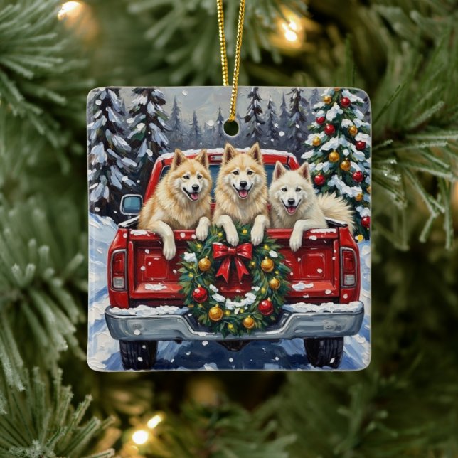Samoyed Christmas Red Truck Holiday Julgransprydnad Keramik (Träd)