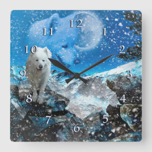 SAMOYED FULL MOON WINTER FYRKANTIG KLOCKA