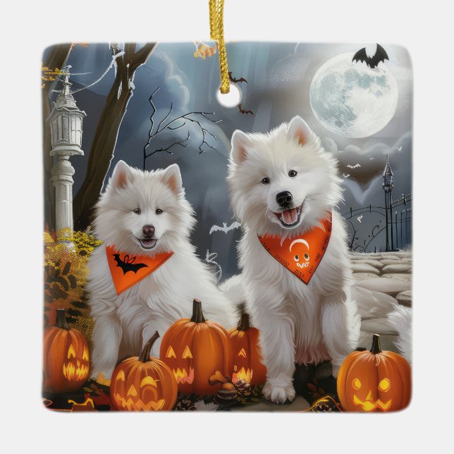 Samoyed Halloween Spooky Julgransprydnad Keramik (Framsida)