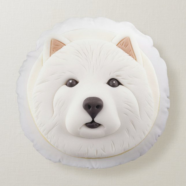 Samoyed Hund 3D Inspired Rund Kudde (Framsidan)