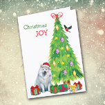 Samoyed Hund, Bird och Julgran Helgkort<br><div class="desc">På julkortets framsida bär en vacker Samoyed hund en röd och vit Jultomten-hatt medan han sitter bredvid en Helgdag träd. Paket som har en lätt inslagen gåva är utspridd och en tjurfäktning landar på Julgran. I den röda och grönt texten står det "Jul JOY". Insidan är stiliserad text som säger...</div>