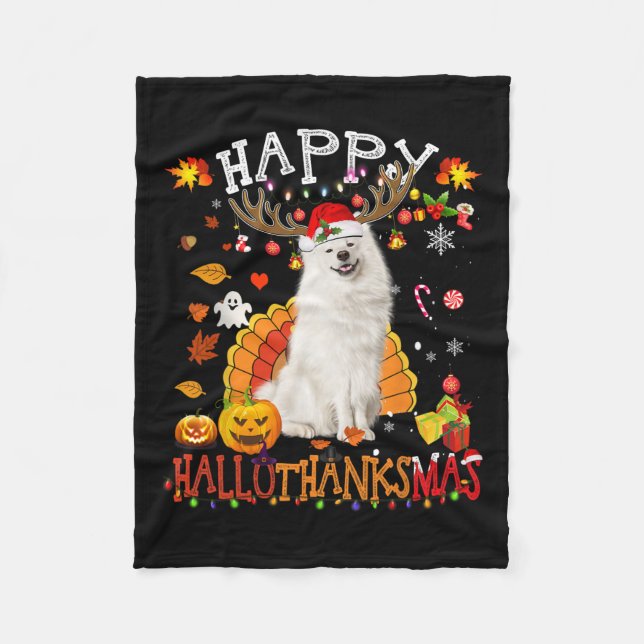 Samoyed Hund Halloween jul Hund Lycklig Hallotha Fleecefilt (Framsidan)