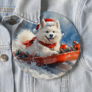 Samoyed Hund i Släd Låt det Snöa Jul Knapp