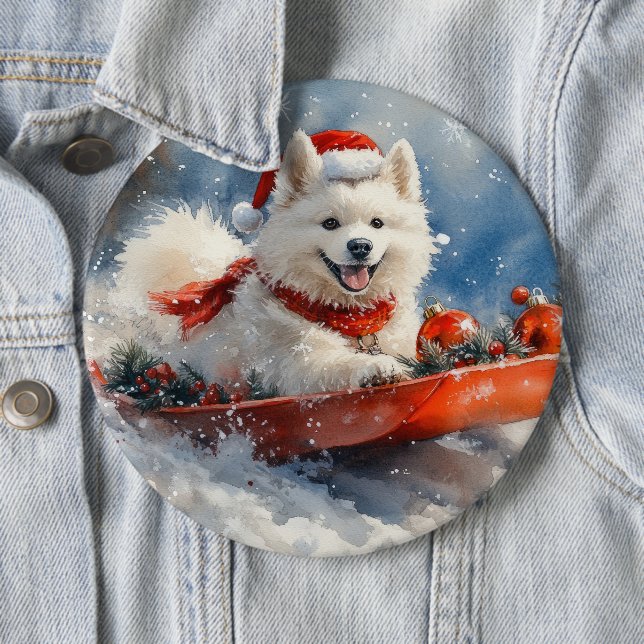 Samoyed Hund i Släd Låt det Snöa Jul Knapp (In Situ)