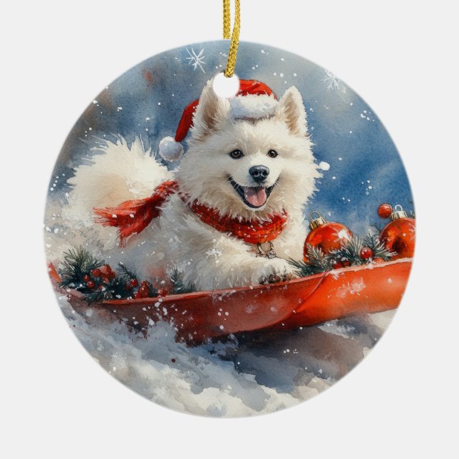 Samoyed Hund i Släde Låt det Snöa Jul Julgransprydnad Keramik (Framsidan)