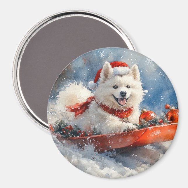 Samoyed Hund i Sledge Låt det snöa jul Magnet (Front/Back)