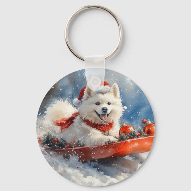 Samoyed Hund i Sledge Låt det snöa jul Nyckelring (Framsida)