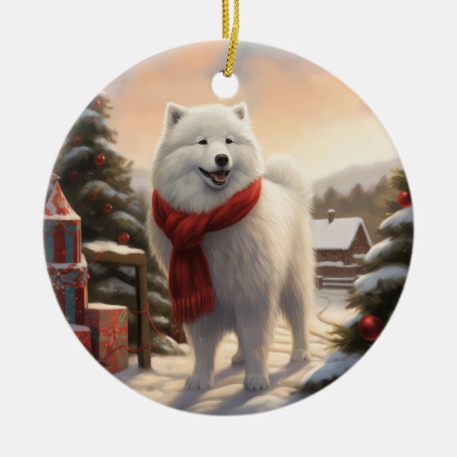 Samoyed Hund i Snö jul Julgransprydnad Keramik (Framsidan)