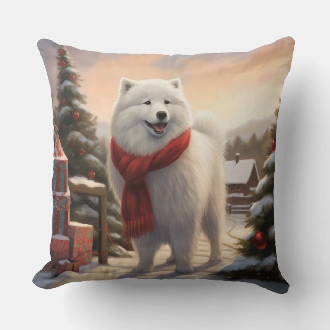 Samoyed Hund i Snö jul Kudde (Framsida)