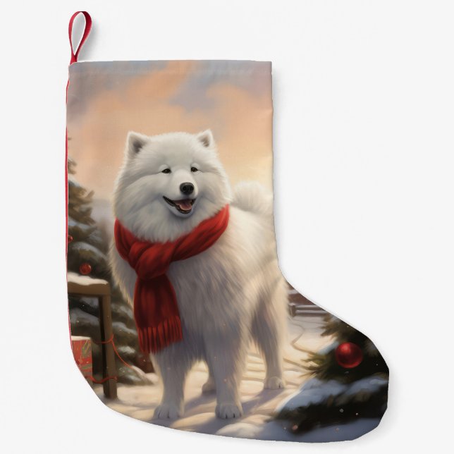 Samoyed Hund i Snö jul Liten Julstrumpa (Framsidan)