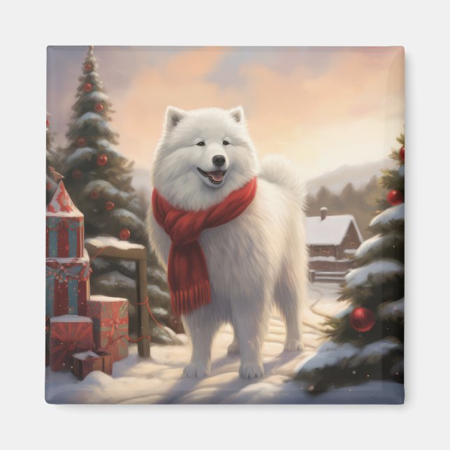 Samoyed Hund i Snö jul Magnet (Framsidan)