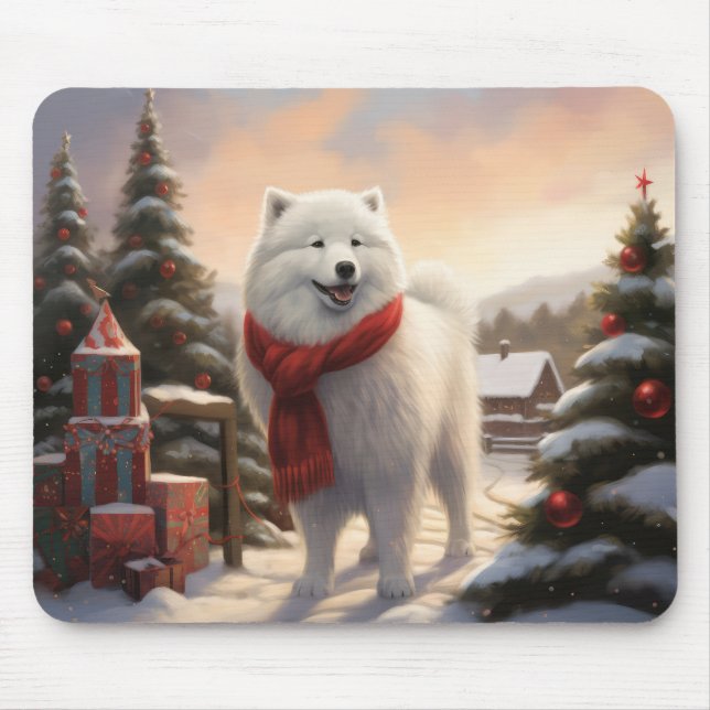 Samoyed Hund i Snö jul Musmatta (Framsidan)