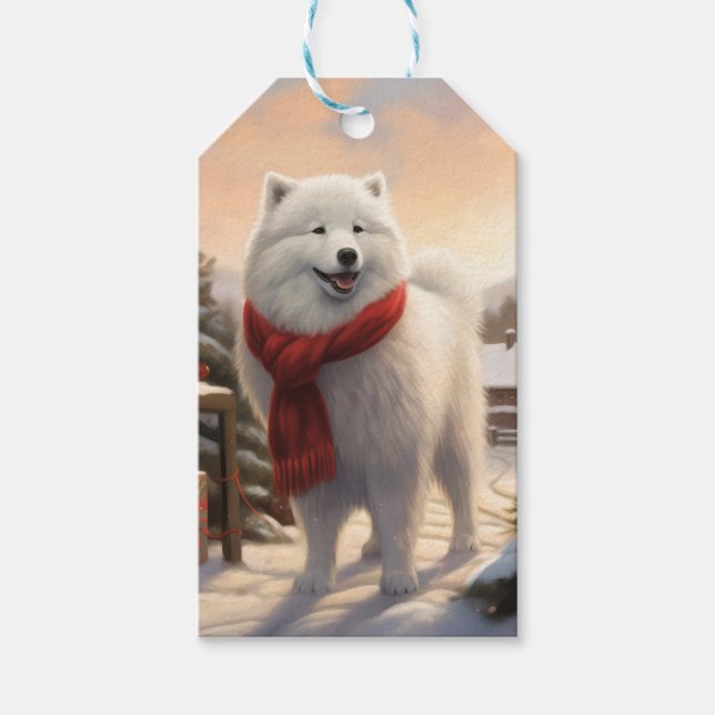 Samoyed Hund i Snö jul Presentetikett (Framsidan)