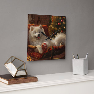 Samoyed Hund jul Festive Fyrkantig Klocka