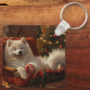 Samoyed Hund jul Festive Nyckelring