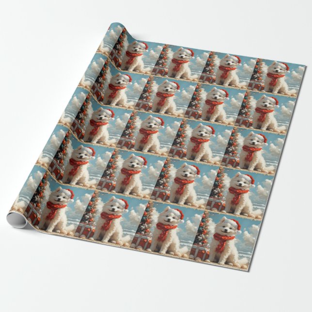 Samoyed Hund jul Vintage Beach Presentpapper (Utrullad)