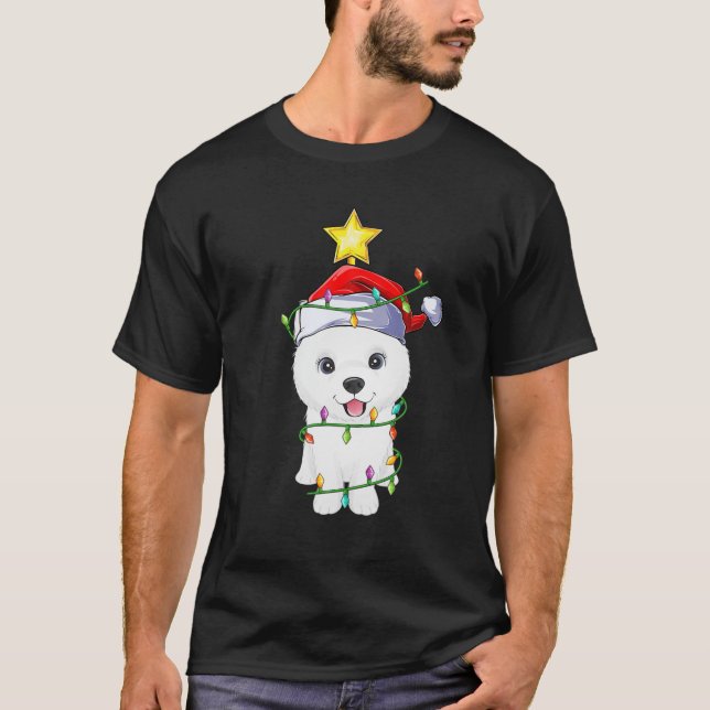 Samoyed Hund Julafton Lighting Träd Matching Samoy T Shirt (Framsida)