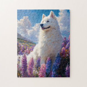 Samoyed Hund Lila Lupine Flowers Pussel