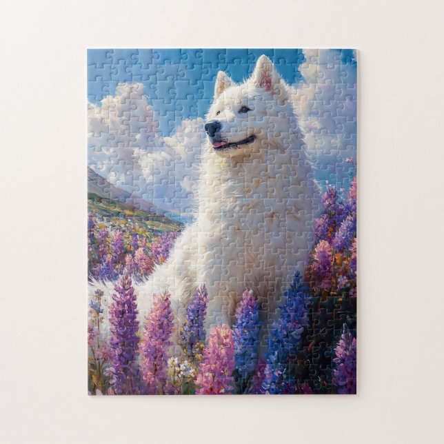 Samoyed Hund Lila Lupine Flowers Pussel (Vertikal)