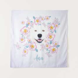 Samoyed hund och rosa blommor, anpassat namn
