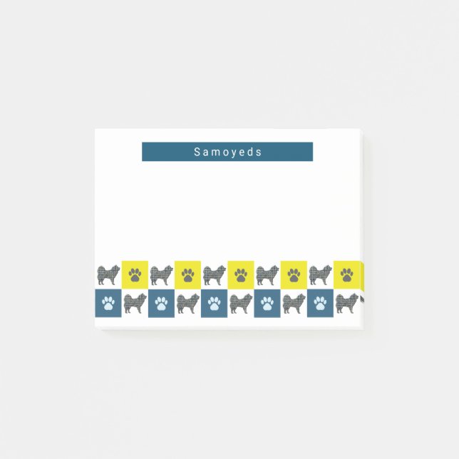 Samoyed Hund & Tass Gult & Blue Grid Silhouette Post-it Block (Framsida)