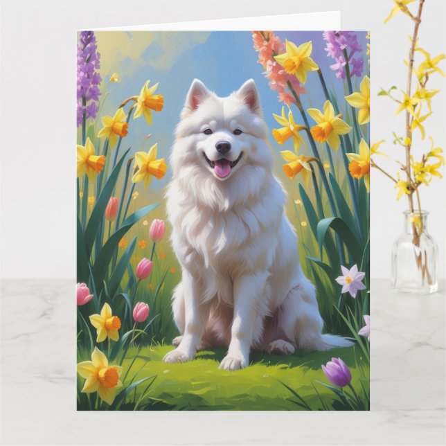Samoyed Hund Vårblommor Målning  Kort (Gul blomma)