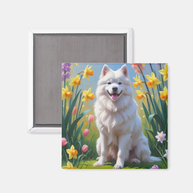 Samoyed Hund Vårblommor Målning  Magnet (Front/Back)
