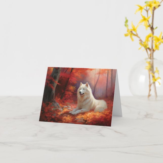 Samoyed i Höst löv Fall Inspire Kort (Gul blomma)