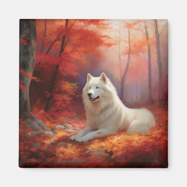 Samoyed i Höst löv Fall Inspire Magnet (Framsidan)