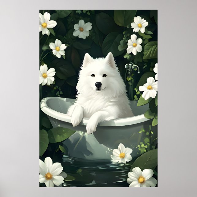Samoyed In Bathtub Poster, Funny Dog Poster (Framsidan)