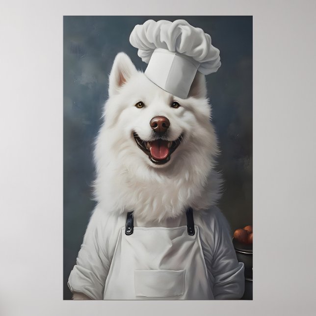 Samoyed In Chefs Hat Poster, Pet Poster, Samoyed Poster (Framsidan)